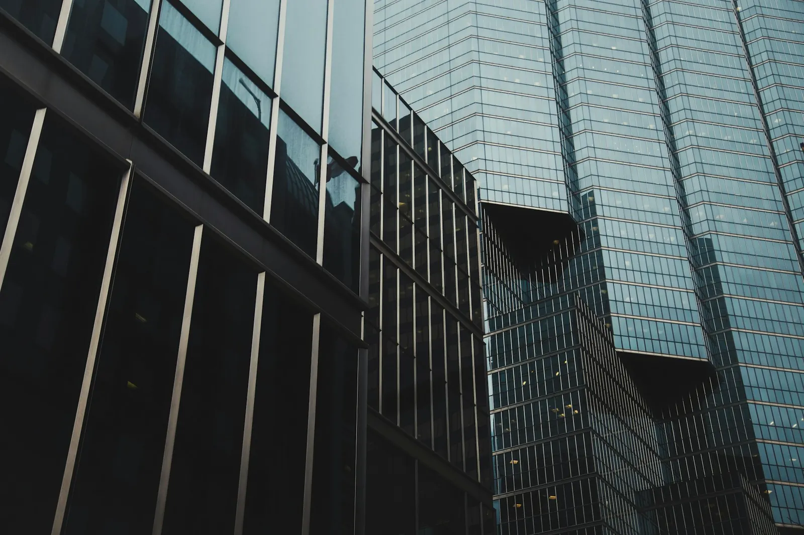 Financial district towers seen from street level.